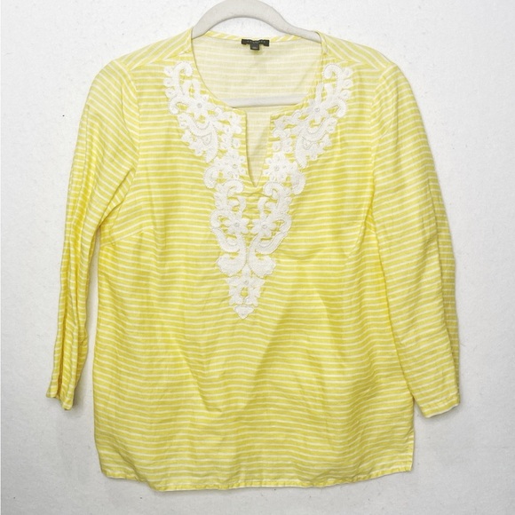 Talbots 100% Linen Yellow White Stripe Embroidered Beaded V-Neck Blouse Petite - Picture 2 of 6